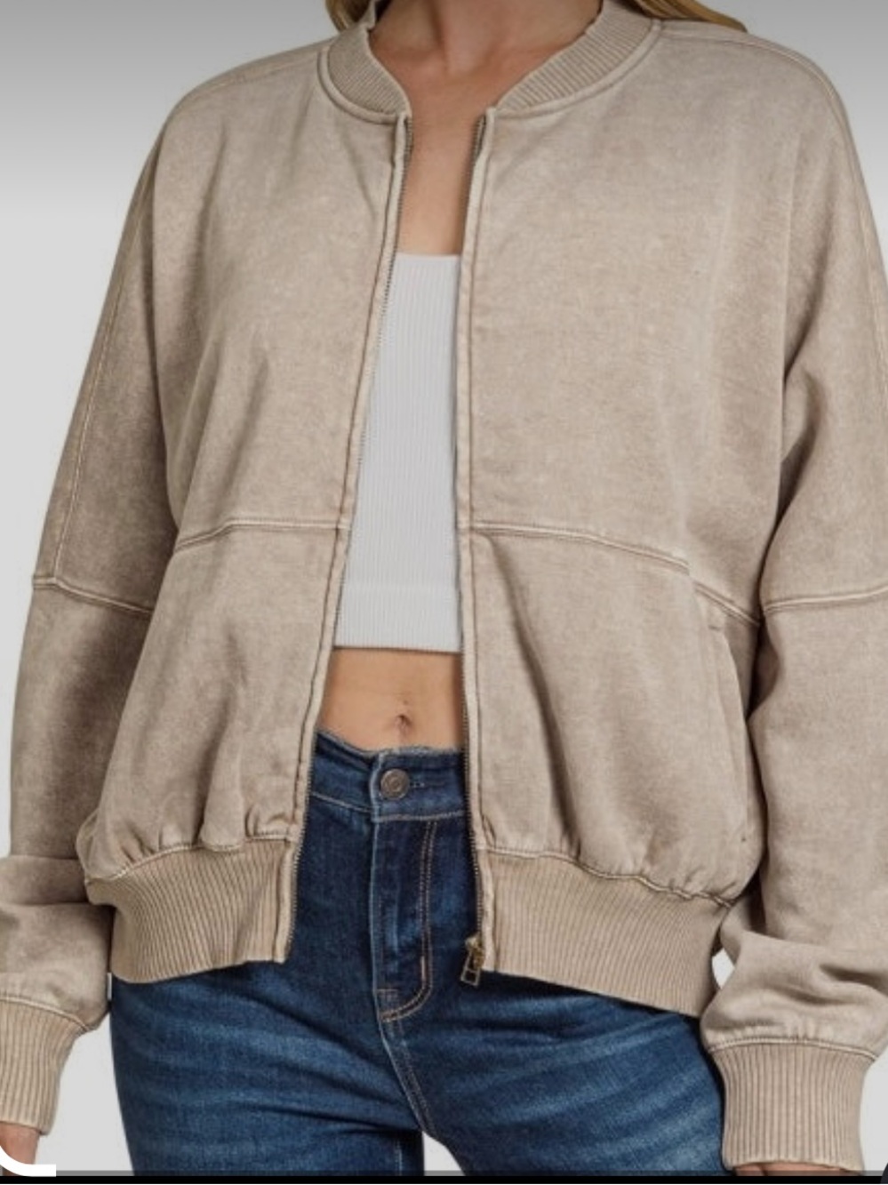 NWOT Zenana Outfitters Stone Beige Bomber Jacket